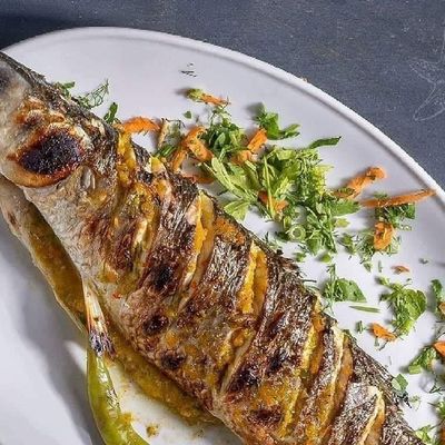 Grilled Grey Mullet Fish Meal With Seafood Soup
