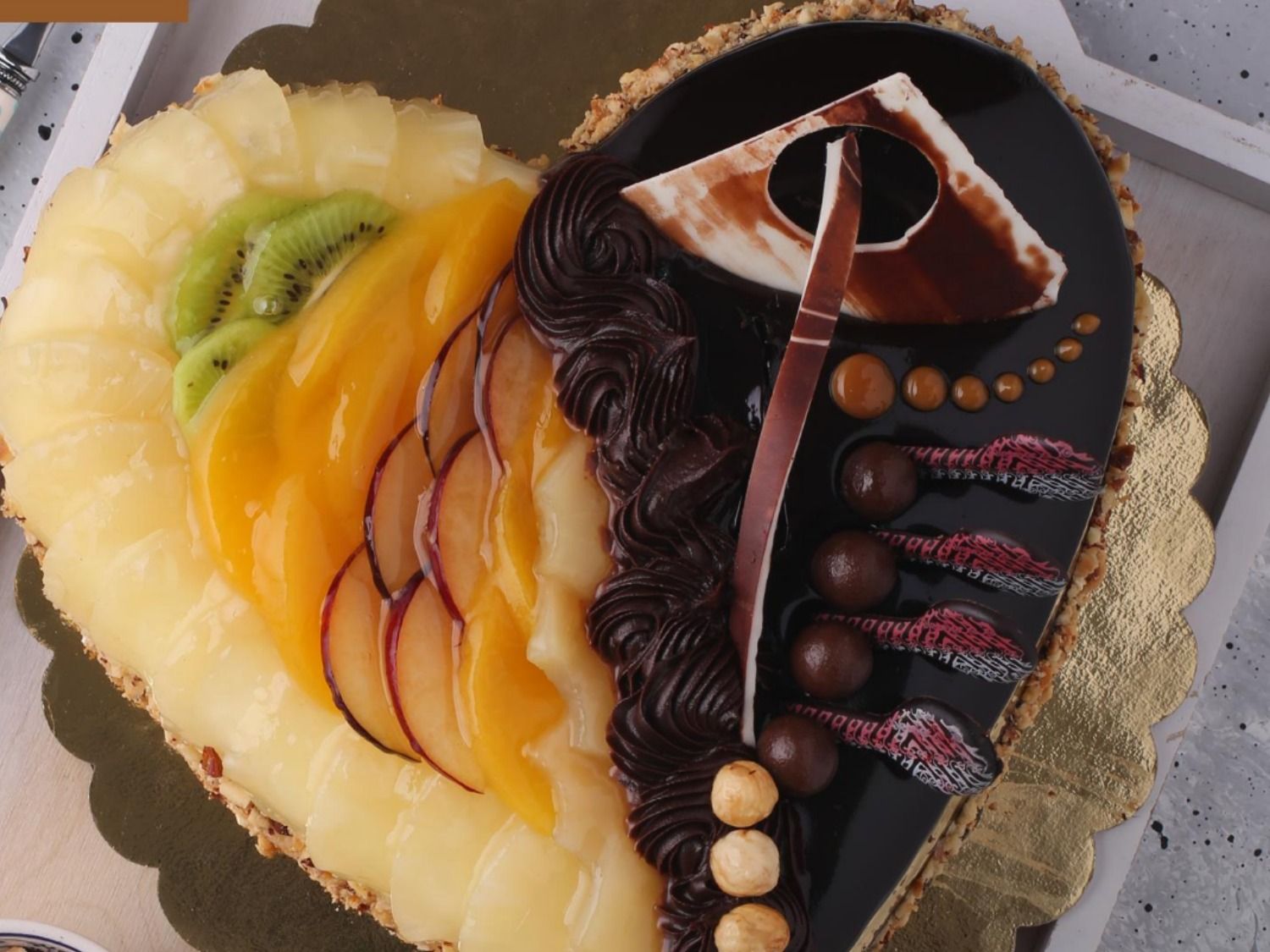 Large Heart Cake Half Fruit And Half Chocolate