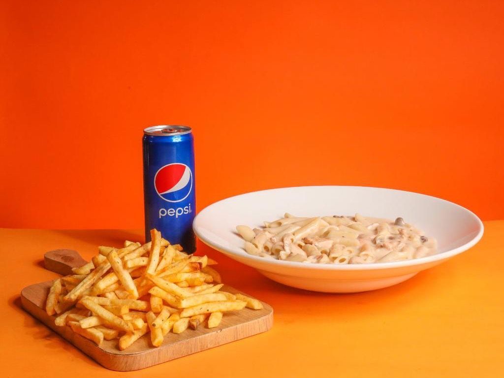 Alfredo Pasta Offer With Fries And Pepsi