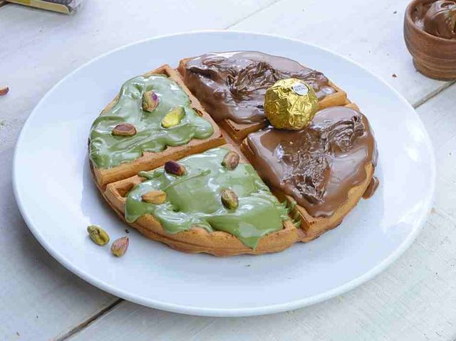 Half pistachio waffle and half ferro rocher