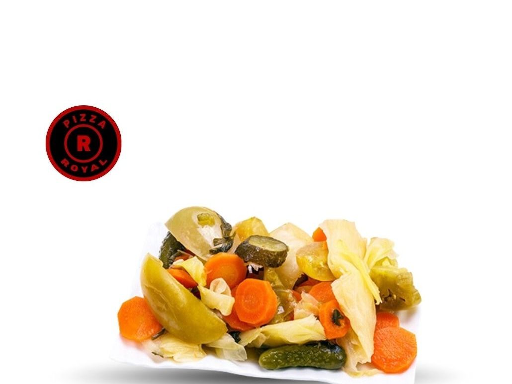 Mixed pickles: carrots, cucumbers, lemon, and olives