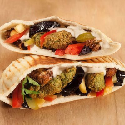 Falafel on eggplant sandwich