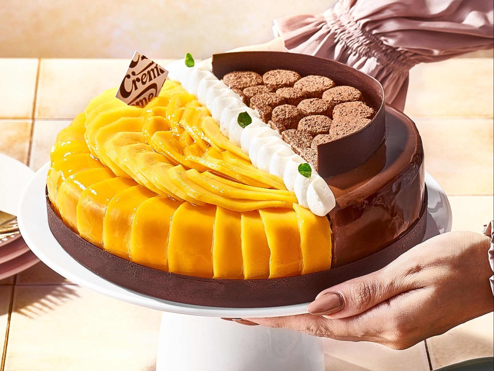 Half chocolate, half mango cake