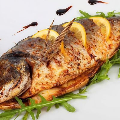 Grilled Sea Bream Fish Meal with Oil and Lemon, served with Clear Soup