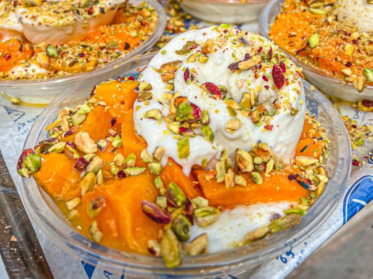 Mango Rice Pudding With Ice Cream And Nuts