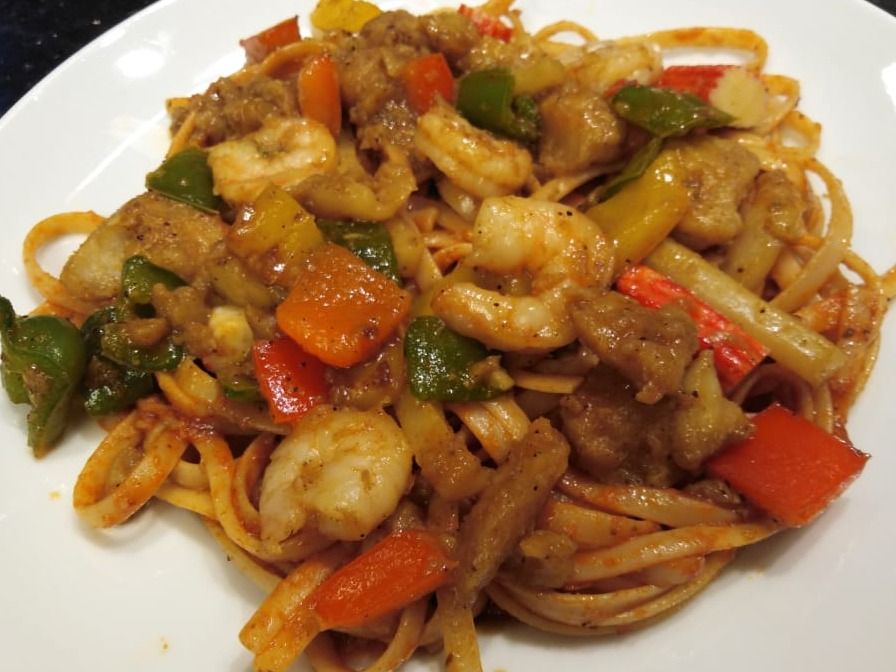 Red Pasta With Mix Sea Foad Colored pepper