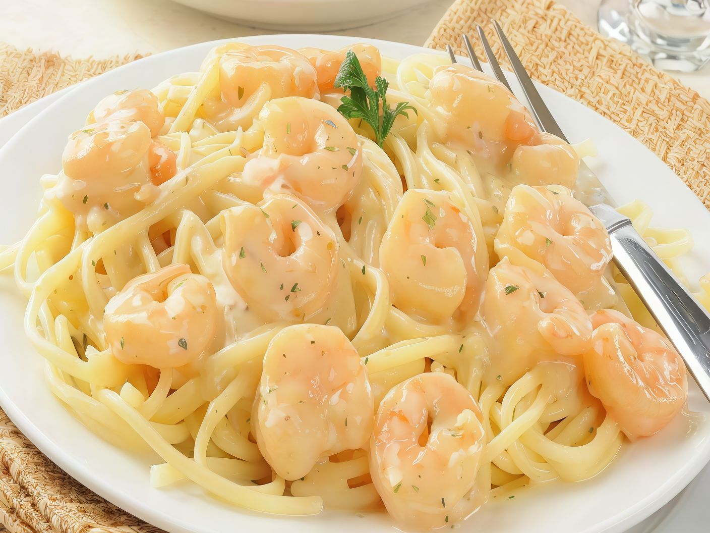 Seafood Pasta With White Sauce And Mozzarella Cheese