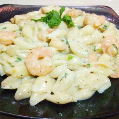 Pottery casserole pasta with shrimp