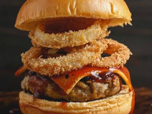Beef Burger Stuffed With Cheese, Onion Rings