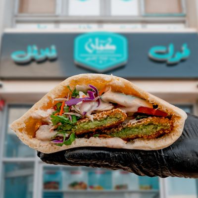Charcoal grilled falafel sandwich with kiri cheese