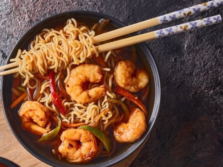 Vegetables noodles shrimp soup