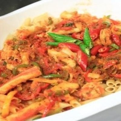 Penne pasta with shrimp and red sauce