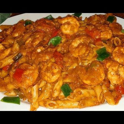 Penne pasta with shrimp in red sauce