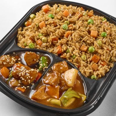 Rice with sweet and sour Chinese chicken and teriyaki chicken