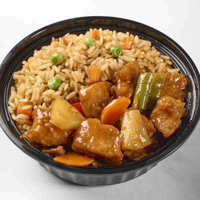 pineapple Sweet sour chicken kids meal with rice and potatoes