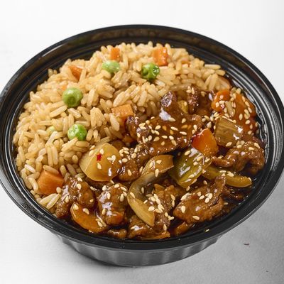 Teriyaki meat kids meal with rice and potatoes