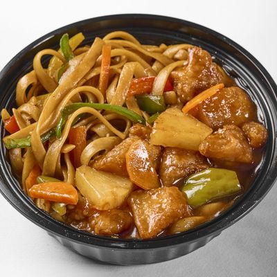 pineapple Sweet sour chicken kids meal with pasta and potatoes