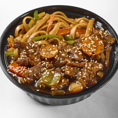 Teriyaki meat kids meal with pasta and potatoes