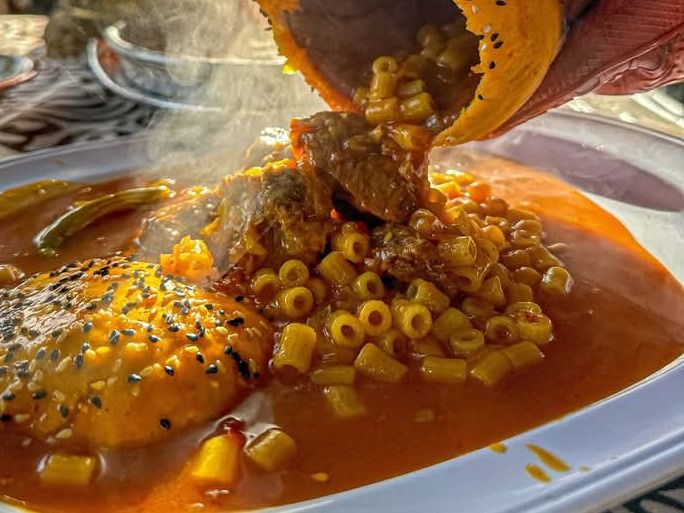 Mebakbeka bram with Shambri Meat Pasta