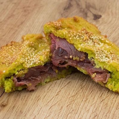 Falafel Patty Stuffed with Kiri and Pastrami
