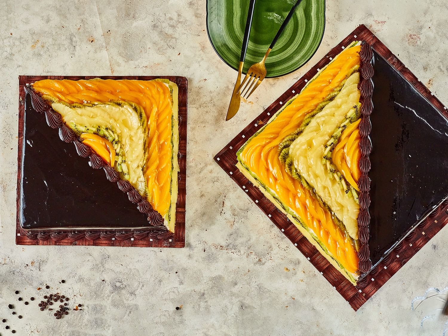 Half Chocolate & Half Cream With Fruits Cake Torte - Square