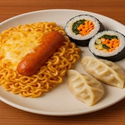 Cheese Indomie With Sausage & 2 Gimbap And 2 Dumpling