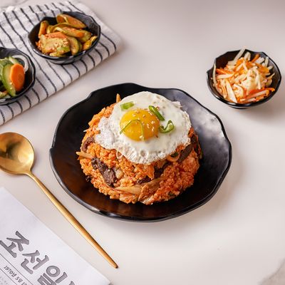 Beef Kimchi Fried Rice served with Special Korean appetizers