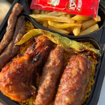 Mixed Meal: Kofta, Sausage, Chicken, Fries, Rice