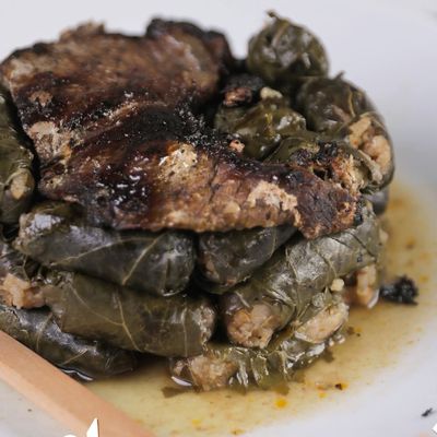 Casserole with Vine Leaves and meat Steak