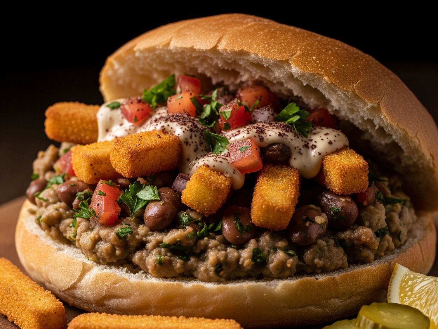 Foul Sandwich with Bread Crumbed Potatoes