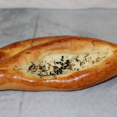 Manakish with Kiri cheese, Zaatar, and Sanfora