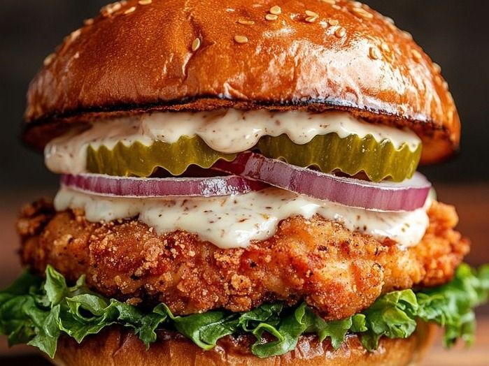 Chicken burger with caramelized onions