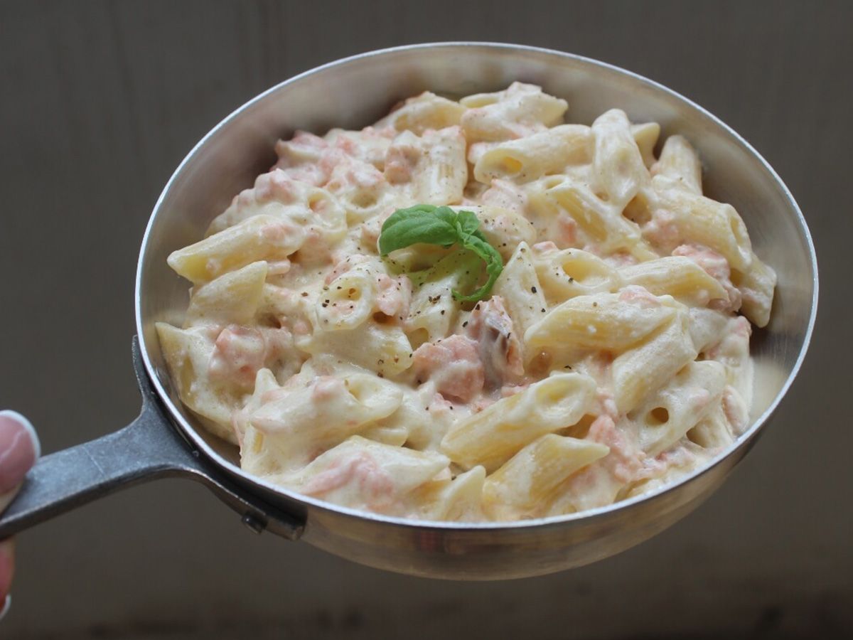 Salmon Pasta Tomato Sauce Cream And Italian Parmesan Cheese