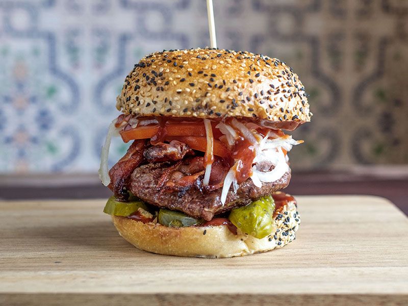 Beef Burger With Beef Bacon And BBQ Sauce Sandwich