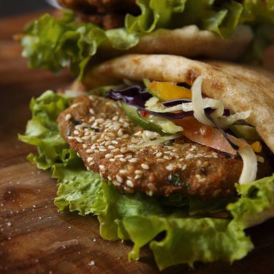 Taamia With Baladi Salad And Sesame Paste Sandwich