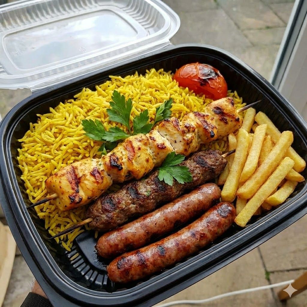 Rice + shish breast + 2 kofta + 2 sausage + fries