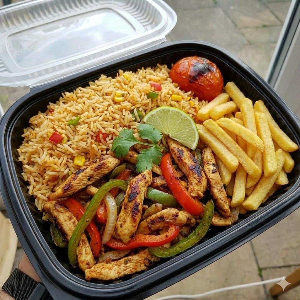 Rice or pasta + chicken fajitas + fries