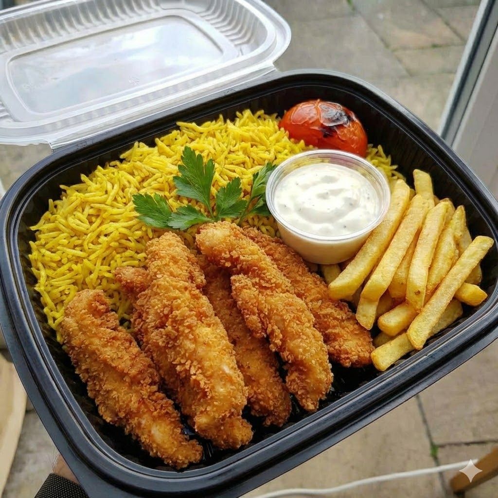 Rice or pasta + chicken strips + potatoes