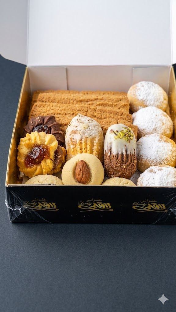 A box of assorted cookies, biscuits, shortbread, and petit fours