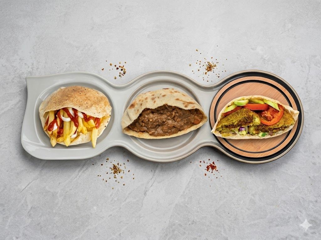 Falafel sandwich + potato sandwich + foul tahini sandwich