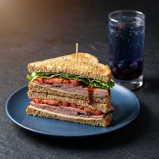 Smoked Beef Club Sandwich & Soda