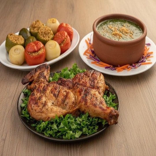 Molokhia Tagine Meal, Half Chicken & Large Mixed Mahshi Vegetables