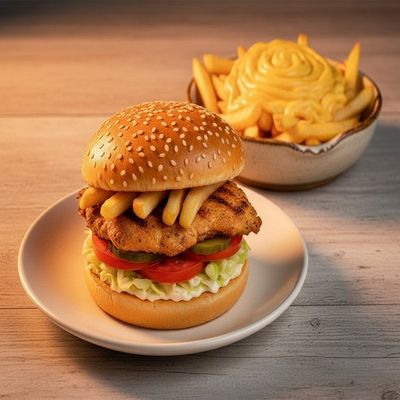 Oriental Chicken Burger & Cheese Fries