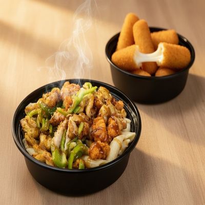 Chicken pasta and 1 mozzarella sticks