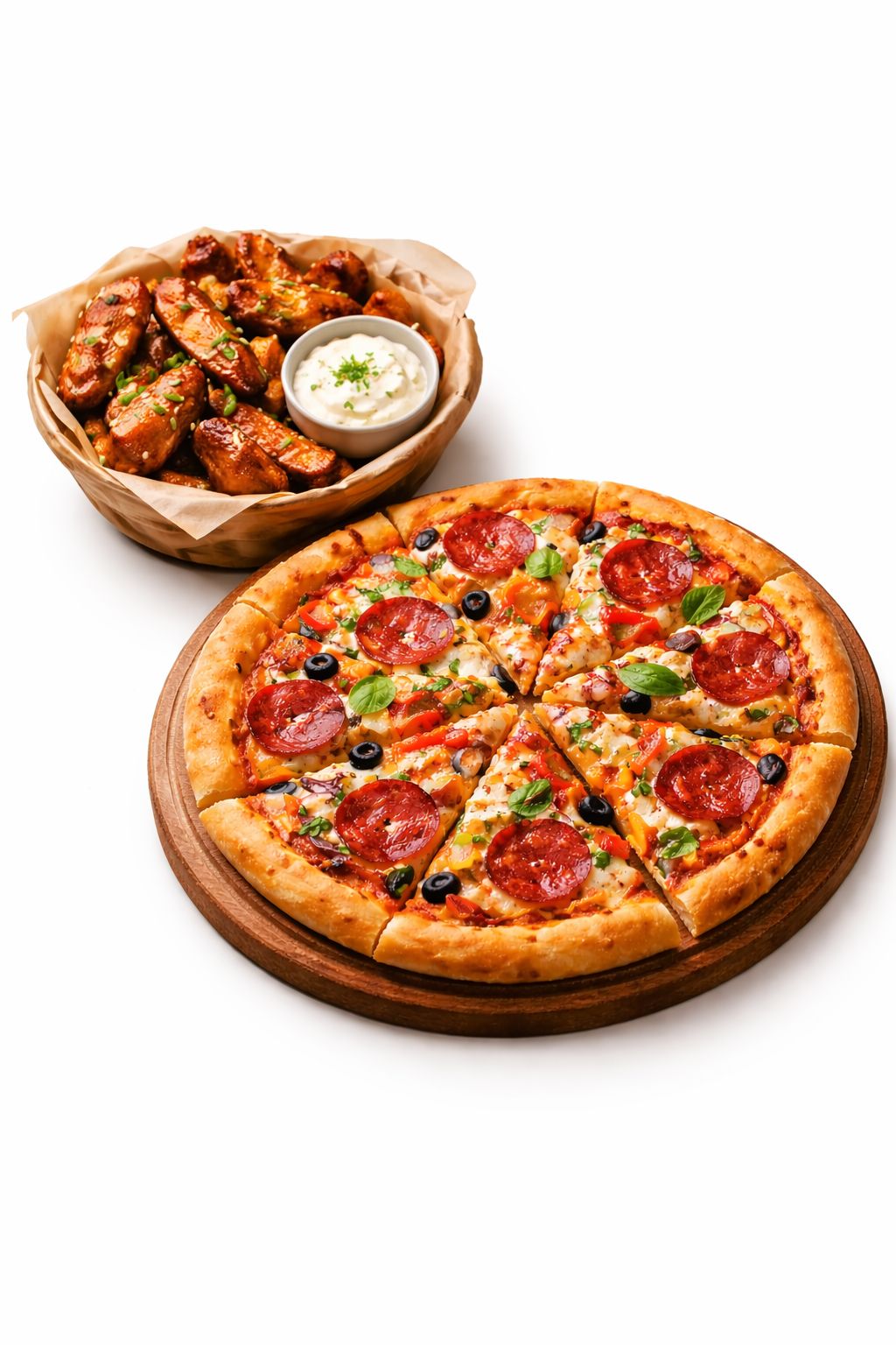 Medium pizza offer with chicken wings.