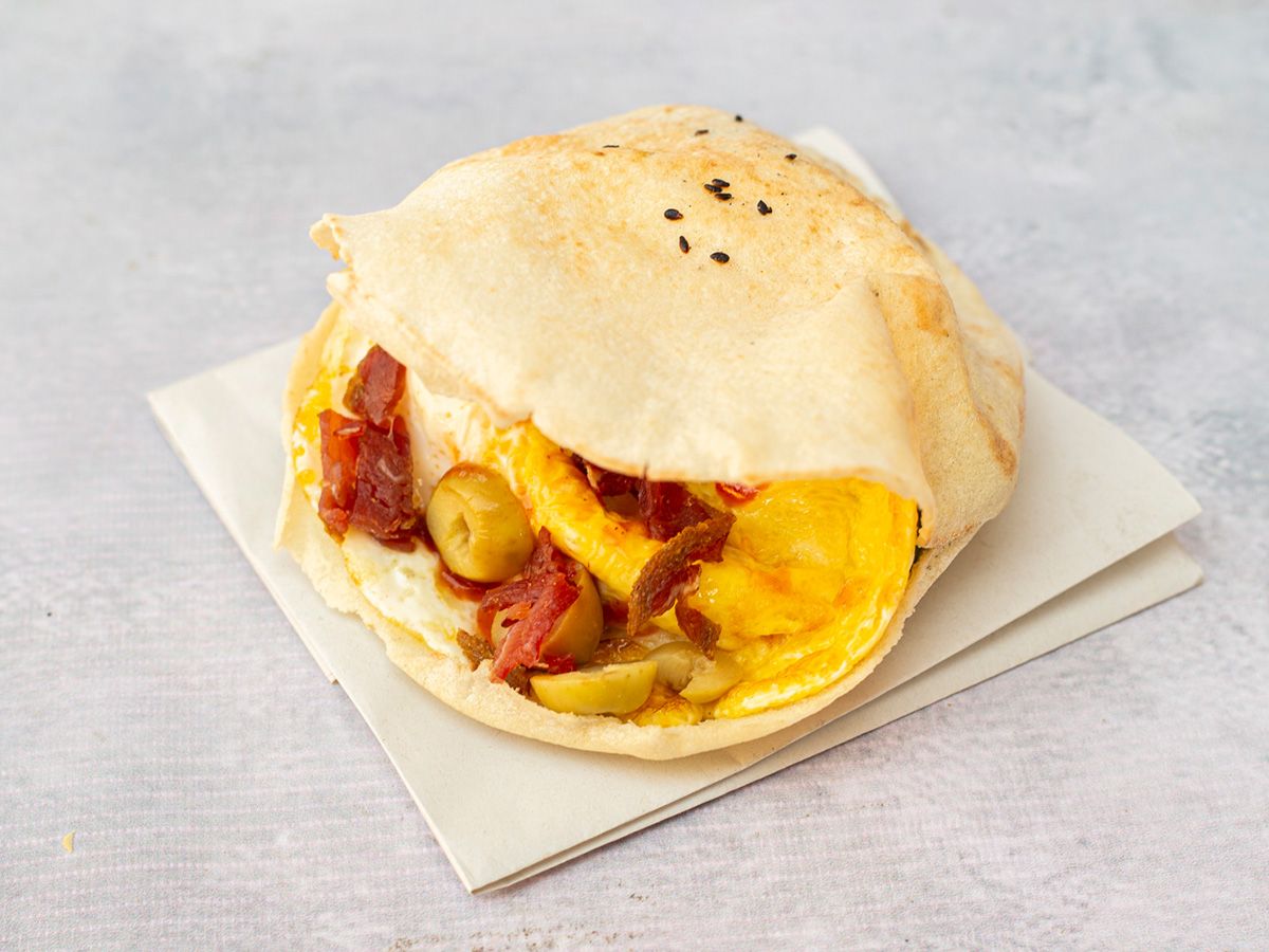 Omelette egg sandwich with pastrami