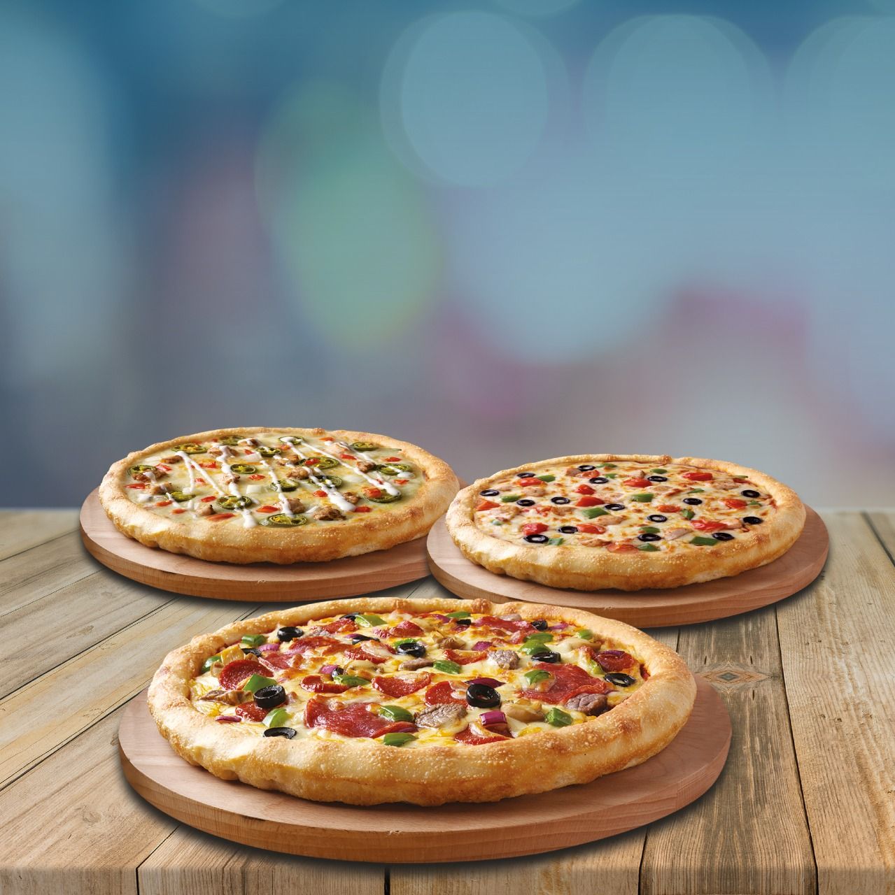 Three Medium and Save More. Choose from Crispy Shrimp Pizza, Shrimp, Seafood, Seafood Ranch.