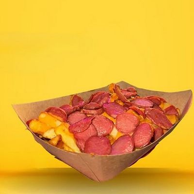 Large hot dog bucket with potatoes and cheddar cheese