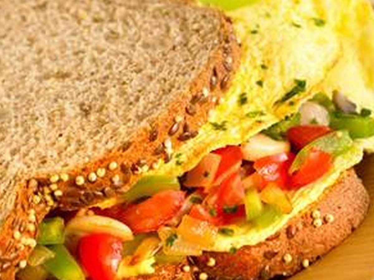 Spanish and cheddar omelette sandwich