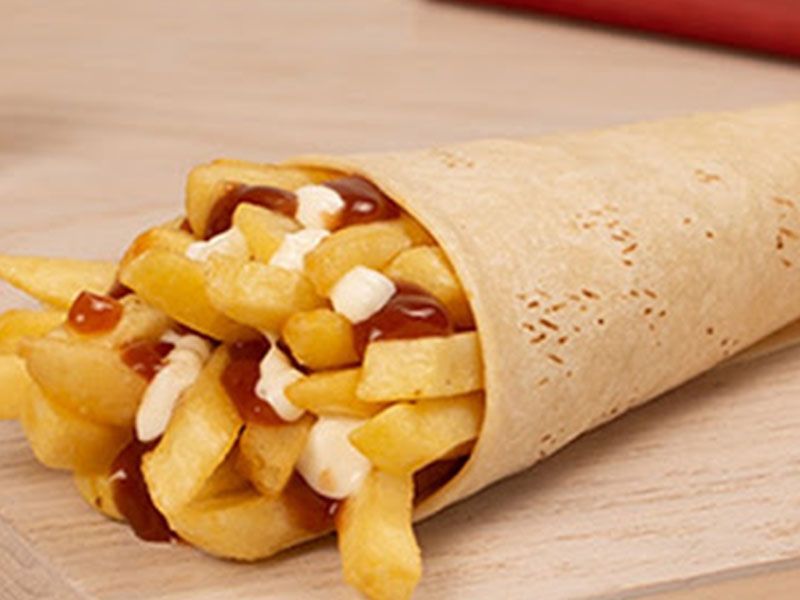 French Fries With Ketchup And Mayonnaise And Roumi Cheese Sandwich